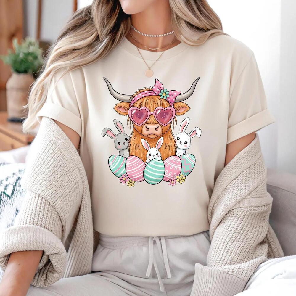 Easter Highland Cow T-Shirt Bunny Eggs Graphic Tee